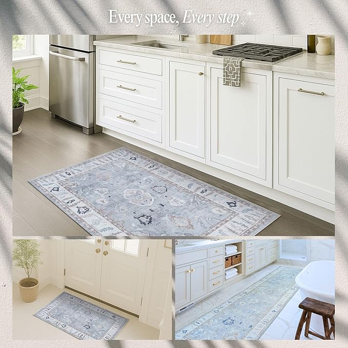 Fame Rugs Gray Modern Oushak Rug 2'6"x10, Vintage Turkish Colorful Oriental Antique Inspired Foldable Long Washable Runner Rugs, Luxury Living Room Bedroom (Gbeige, 2'6" x 10')