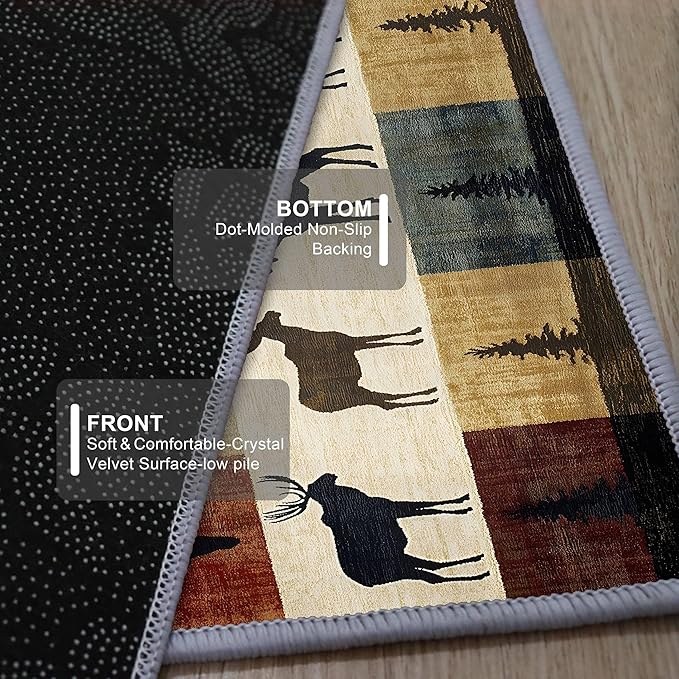 Colorful Elk Pine Tree Bohemian Hallway Rug 2x6ft with Checkered Texture - Retro Washable Kitchen Mat, Non-Slip Floor Decor for Dining Room Balcony, Canvas Art Style