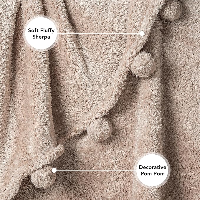PAVILIA Tan Sherpa Throw Blanket for Couch, Warm Plush Pom Pom Blanket Throw Twin, Fuzzy Sofa Blanket Throw for Bed, Lightweight Soft Cozy Fluffy Blanket with Pom Poms, Taupe, 60x80