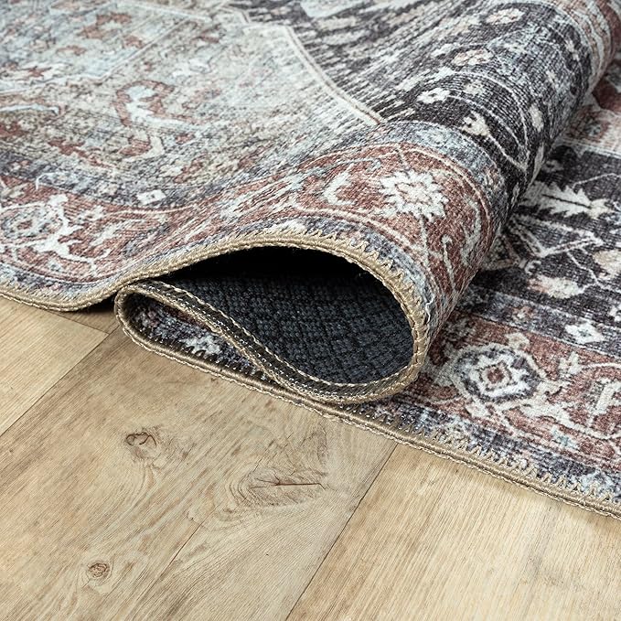 Bloom Rugs Washable Non-Slip 7 ft Runner - Charcoal/Brown Traditional Medallion Runner for Entryway, Hallway, Bathroom, and Kitchen - Exact Size: 2.5' x 7'