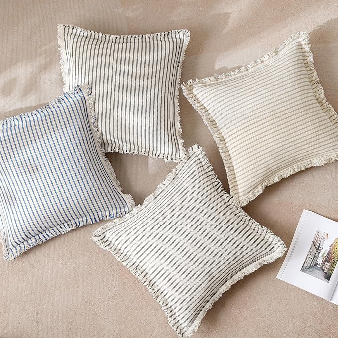 MIULEE Pack of 2 Black Pillow Covers 20x20 Inch Striped Farmhouse Couch Throw Pillow Covers with Fringe Chic Linen Decorative Cushion Covers for Sofa Living Room Bed Outdoor Home Decor