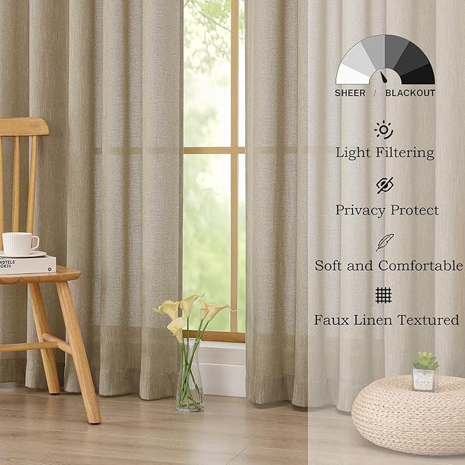 Simplebrand Taupe Faux Linen Textured Semi Sheer Curtains 96 Inches Long 2 Panels Set, Light Filtering Soft Thick Farmhouse Curtains Window Treatment for Bedroom/Living Room/Dining Room, 50 x 96 Inch