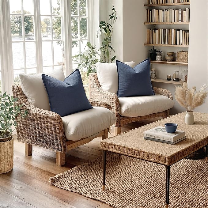 MIULEE Decorative Euro Sham Pillow Covers 26x26, 2 Pack Large Boho Farmhouse Neutral Throw Pillows for Bed, Thick Textured Modern Linen Cushion Cases Couch Sofa Living Room Home Decor, Navy Blue