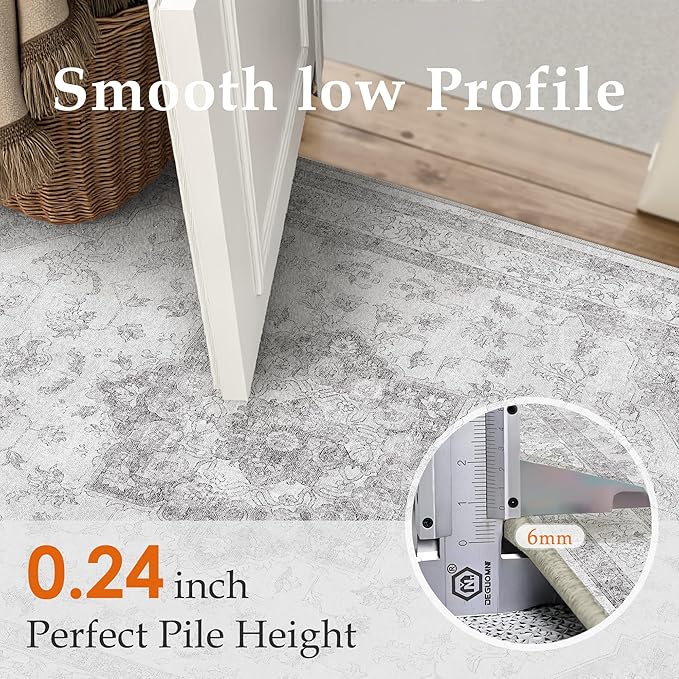 Gray Area Rug 4x5 Washable Vintage Carpet Entryway Office Soft Retro Kitchen Low Pile Thin Door Mat Non Slip Grey Oriental Medallion Throw Small Rug for Bathroom Bedroom Dining Living Room