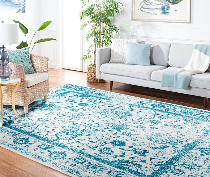 SAFAVIEH Area Rug 8x10 - Adirondack Collection - Large - Ivory & Teal, Distressed Vintage Floral Design, Non-Shedding & Easy to Clean, Ideal for Living Room, Bedroom, Dining Space (ADR109D)