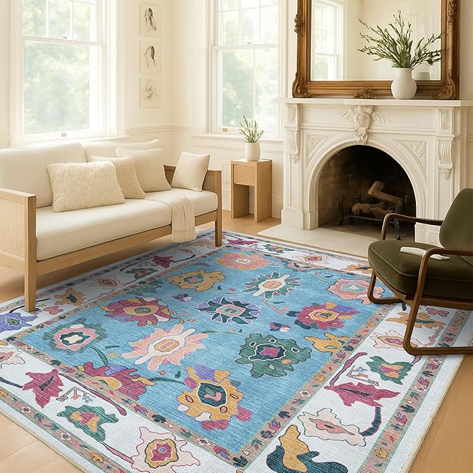 Fame Living Colorful Oushak Runner Rug, Modern Runners, Vintage, Turkish, Eclectic, Floral, Pastel, Washable, Long Runner Rugs for Hallway, Kitchen, Living Room, Bedroom, Kitchen, Bathroom, 2'5"x13'