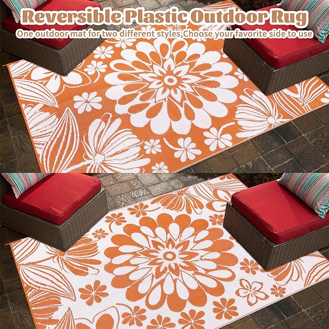 Ileading Outdoor Plastic Straw Rug 8x10ft Funny Floral Style Reversible Patio Area Rugs Waterproof Non Shedding Portable Carpets for Rv Outside Deck Pool Beach Picnic Camping (Orange)