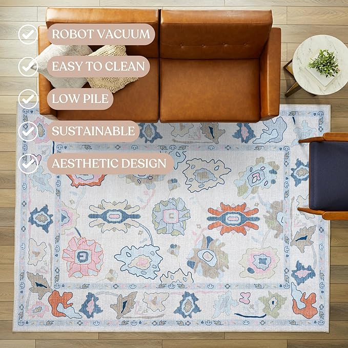 Fame Living Cream Oushak Runner Rug, Modern Runners, Vintage, Turkish, Eclectic, Floral, Pastel, Washable, Runner for Hallway, Kitchen, Bedroom, Bathroom, 2'5"x9'8"