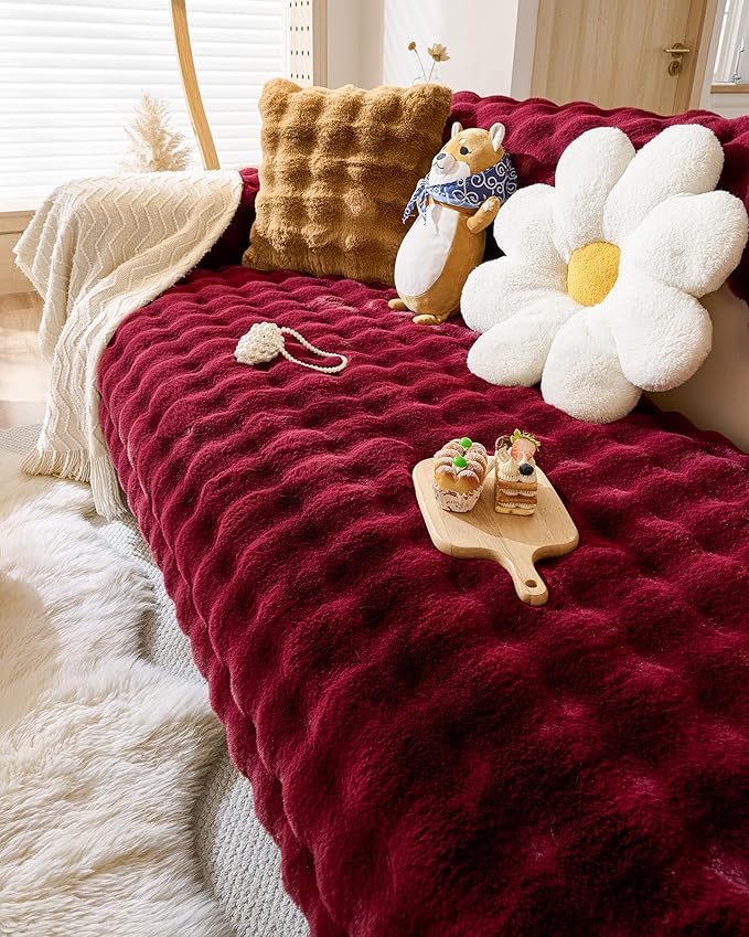 Christmas Faux Fur Couch Cover Fuzzy Soft Plush Thick Bubble Sofa Cover Luxury Sectional Couch Covers Luxury Anti-Slip Sofa Slipcover Washable Furniture Protector (Wine Red,36"x82")