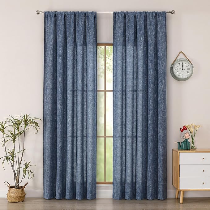 Simplebrand Navy Blue Semi Sheer Faux Linen Textured Curtains 84 Inches Long 2 Panels, Light Filtering Farmhouse Bedroom Curtains, Farmhouse Rod Pocket Soft Thick Window Drapes for Bedroom, 50Wx84L