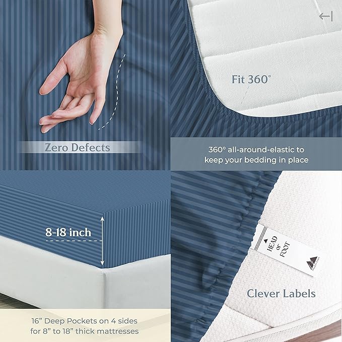 Mayfair Linen 100% Cotton Striped Sheets King Size Bed Set - 500 Thread Count Damask Sheets King Size 4 PC Set (Light Blue Stripe), Soft, Cooling, Sateen Weave Hotel-Quality 16" Deep Pocket Bedsheet