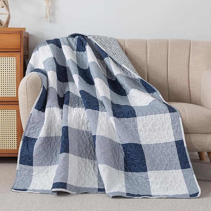 Soul & Lane Checks and Stripes 50" x 60" Blue Buffalo Check Throw: Lap Quilted Blanket, Blue and White Lightweight Couch Quilt, Checkered Coverlet, Plaid Winter Outdoor Quilted Throw Blanket
