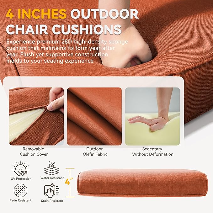 Patio Cushions for Outdoor Furniture - 22" x 25" x 4" UV Resistant Thick Foam Cushions Water Resistant Replacement Cushion for Outdoor Patio Furniture Chair/Sofa/Couch | Orange | 6-Pack |