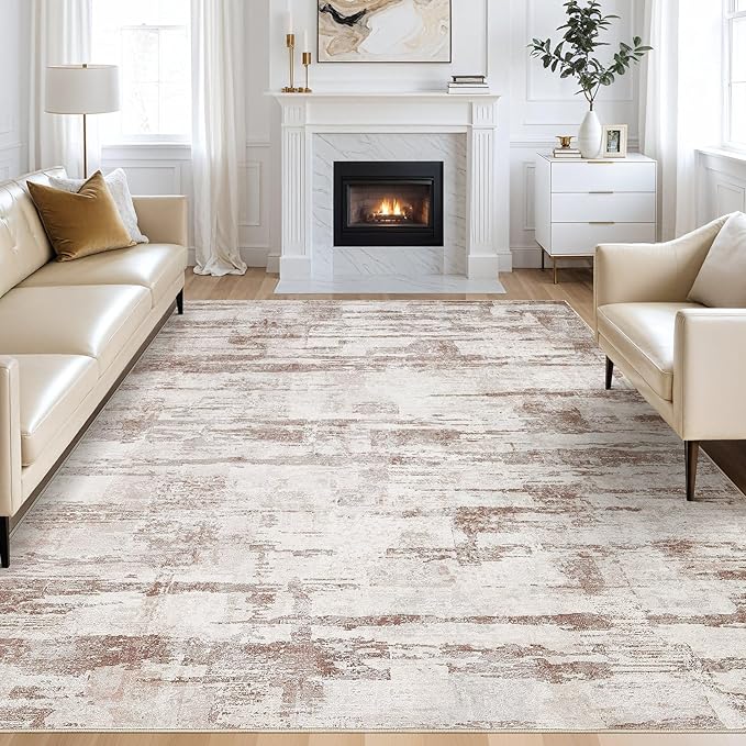 Abstract Living Room Rug 10x14 - Modern Washable Soft Thin Area Rug for Living Room Bedroom Under Dining Table - Neutral Indoor Floor Rug Carpets for Home Office Playroom Nursery - Light Brown
