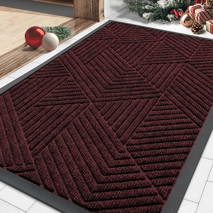 Smiry Front Door Mat Outside Entrance, Heavy Duty Sturdy Natural Rubber Doormat, Trap Dirt and Moisture, Easy Clean Low Profile Mats for Indoor Outdoor Entry, Irregular Triangle (29.5x17, Dark Red)