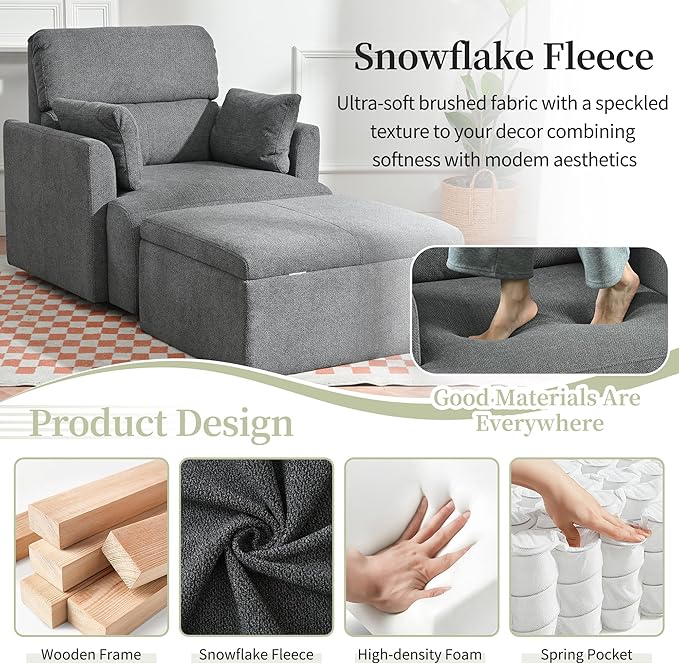 Modern Oversized Accent Chair with Storage Ottoman & 2 Side Pillows, Snowflake Fleece Upholstered Chaise Lounge Chair, Deep Seat Reading Chair for Living Room, 350lbs Capacity
