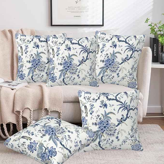 Chinoiserie Throw Pillow Cover Case Blue White Flowers Throw Pillows Set of 2 Super Soft Pillow Covers 18x18 Inches Farmhouse Home Decor for Living Room Bedroom Sofa Couch Cushion Cover