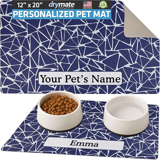 Drymate Personalized Pet Bowl Placemat, Custom Dog & Cat Food Feeding Mat - Absorbent Fabric, Waterproof Backing - Machine Washable/Durable (USA Made) (12" x 20") (Surf Blue 5)