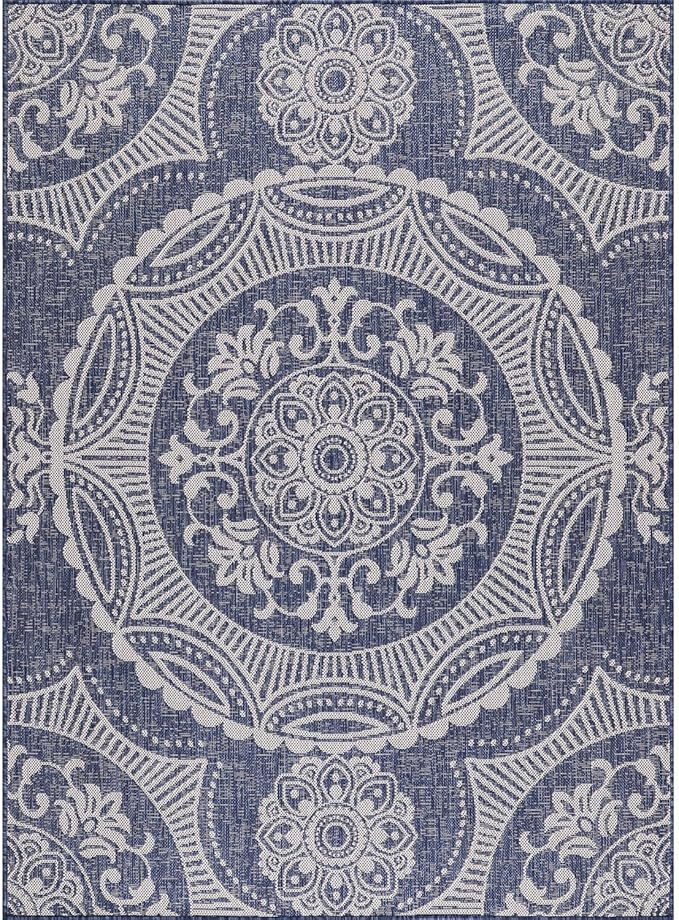 Medallion Outdoor Rug 9x12 Washable Outside Carpet for Indoor Patio Porch Waterproof Easy Cleaning Non Shedding Area Rugs Blue 9 x 12