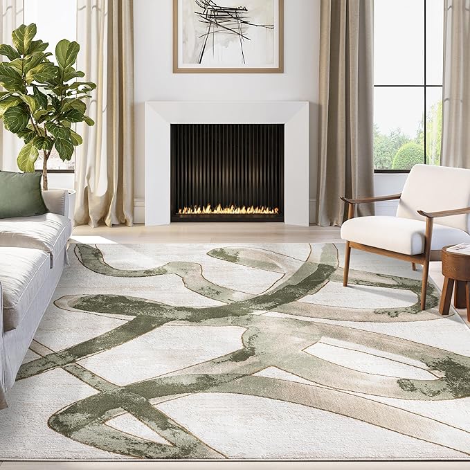 Abani Beige Cream Green Graffiti Washable Area Rug – 4' x 6' – Abstract Artistic Design – Ivy Collection – Non-Shedding, Easy to Clean – Durable for High Traffic Areas – Living Room & Bedroom