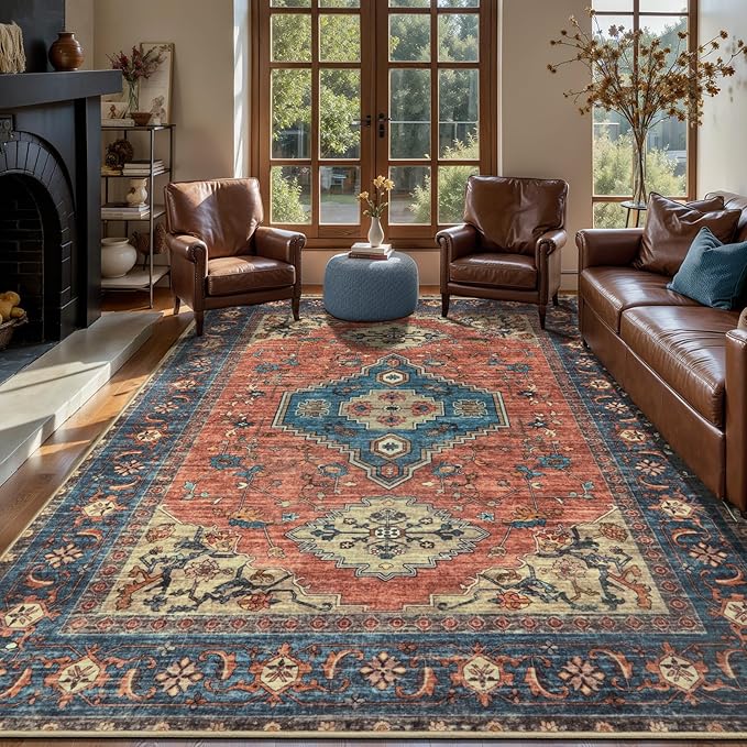 Tangsoo 8x10 Area Rugs for Living Room, Washable Rugs Oriental Vintage Indoor Non Slip Large Area Rugs, Print Carpet, Soft Low Pile Rug Foldable Floor Rug for Bedroom Dining Room Dorm Terracotta