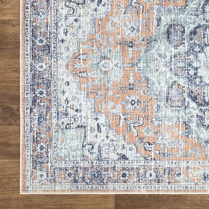 Bloom Rugs Washable Non-Slip 6' x 9' Rug - Peach/Blue Traditional Area Rug for Living Room, Bedroom, Dining Room, and Kitchen - Exact Size: 6' x 9'