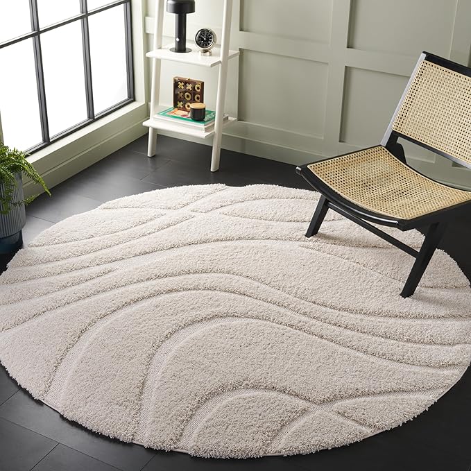 SAFAVIEH Florida Shag Collection 10' Round Cream / Cream SG471 Abstract Wave Non-Shedding Living Room Bedroom Dining Room Entryway Plush 1.2-inch Thick Area Rug