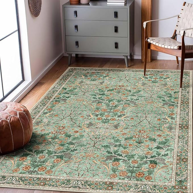 MUJOO 3x5 Green Rug Washable,Floral Area Rug for Bedroom Office Entryway Living Room Bedside,Small Throw Carpet Boho Non Slip Indoor Floor Botanical Vintage Ultra-Thin