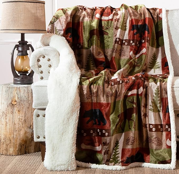 CARSTENS, INC. Ultra Premium Super Soft Plush Sherpa Fleece Oversized Throw Blanket 54" x 68", Patchwork Lodge