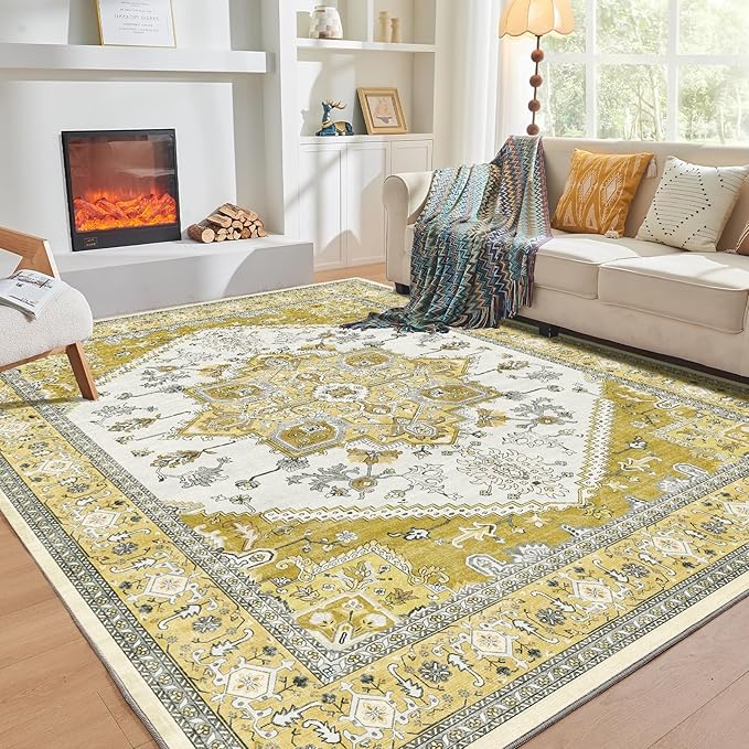 OPPODREAM Thin 6x9 Area Rugs, Washable Rug 6x9 with Non Slip Backing, Faux Cashmere Low-Pile 6 x 9 Carpet, Yellow