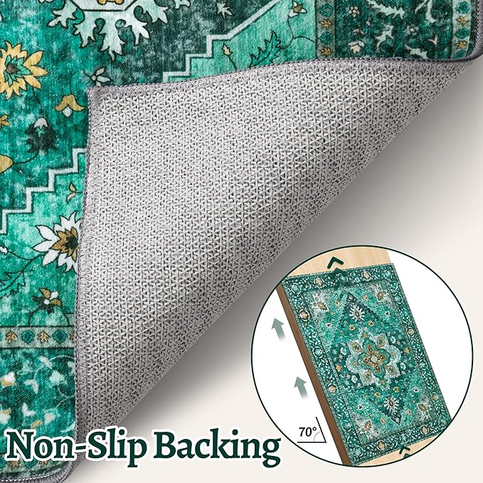 Tangsoo 2x10 Washable Runner Rug for Hallways, Non Slip Vintage, Soft Low Pile Long Rugs Runner, Print Distressed Emerald Carpet Runners for Kitchen Bedroom Entryway Bathroom Living Room