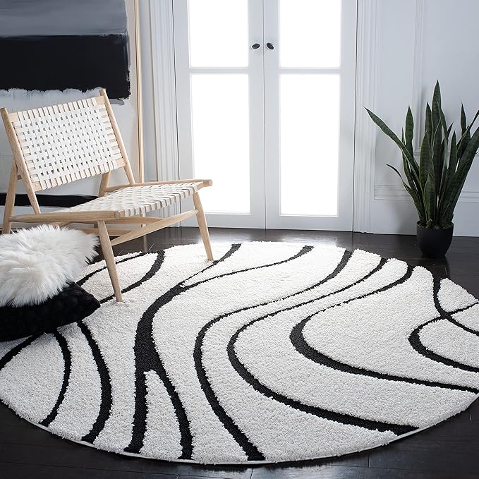 SAFAVIEH Florida Shag Collection Area Rug - 11' Round, Ivory & Black, Non-Shedding & Easy Cleaning, Plush Thick Pile, Ideal for Living Room, Bedroom, Dining Space (SG471-1290)