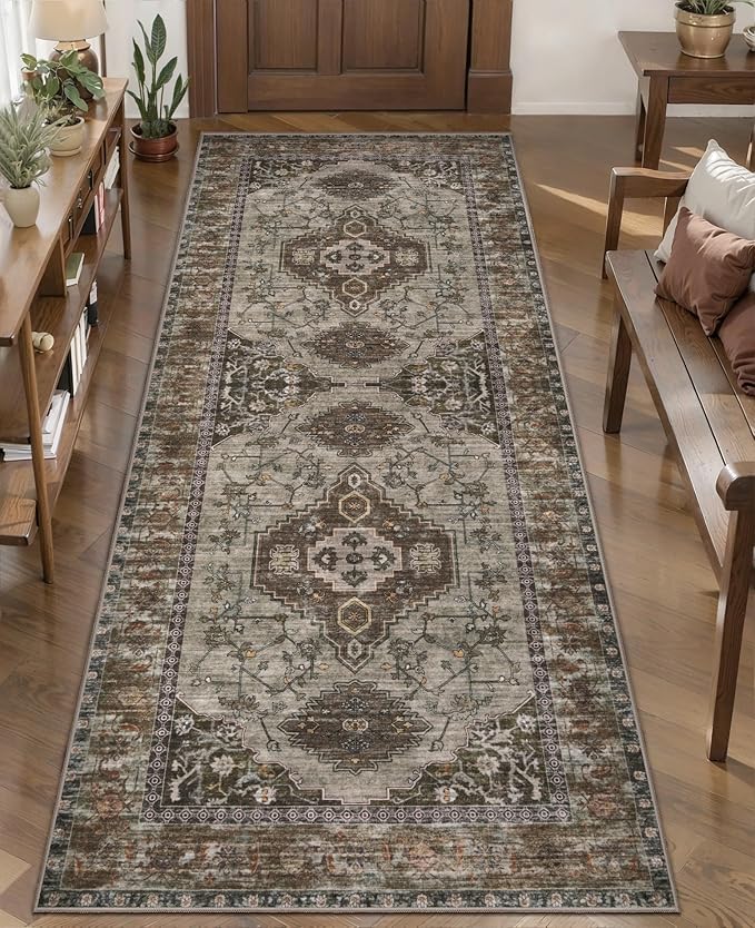 Tangsoo 2x5 Washable Runner Rug for Hallways, Non Slip Vintage Runner Rug, Soft Low Pile Long Rug Runner, Print Distressed Carpet Runners for Kitchen Bedroom Entryway Bathroom Living Room Grey