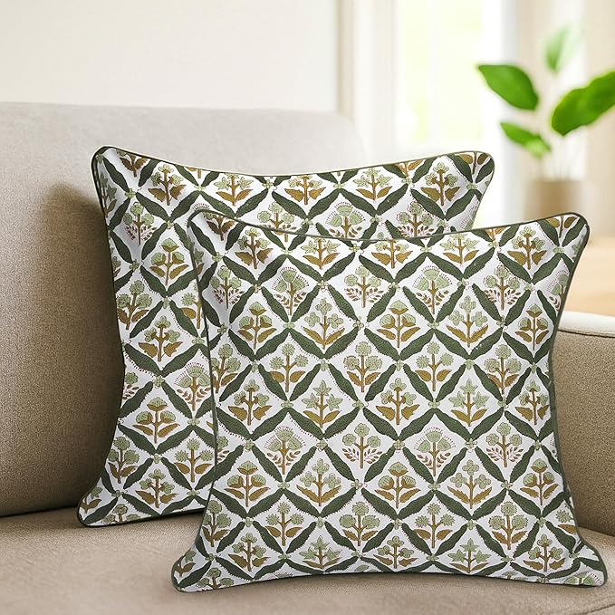 SheetKart Pure Cotton Throw Pillow Covers - Set of 2 - Hand Block Pure Cotton Printed Boho Decorative Pillow Covers - Cushion Covers for Living Room, Bohemian Theme, 19 x 19 Inches, Sagewood Olive