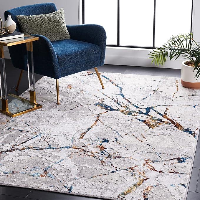 SAFAVIEH Amelia Collection Area Rug - 5'5" x 7'7", Grey & Blue Gold, Modern Abstract Design, Non-Shedding & Easy Care, Ideal for High Traffic Areas in Living Room, Bedroom (ALA293M)