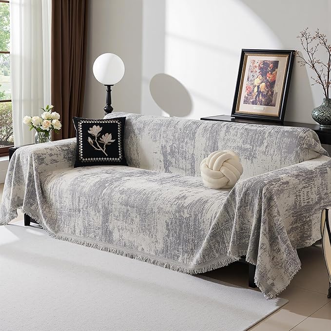 MEETSKY Couch Cover Boho Sofa Covers Couch Covers for 3 Cushion Couch Sofa Pet Friendly, Abstract Geometric Washable Sofa Slipcover for Sectional Sofa Cover with Tassel, 91" x 134", Light Grey