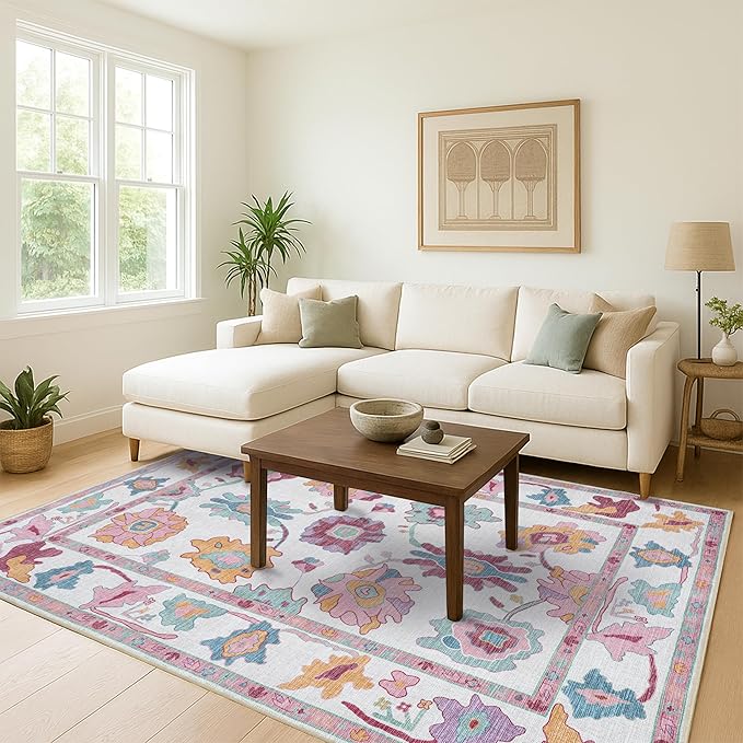 Fame Living Pink Oushak Rug, Modern, Vintage, Turkish, Eclectic, Floral, Pastel, Washable, Extra Large Area Rugs for Living Room, Dining, Bedroom, Lounge, 9'x12'
