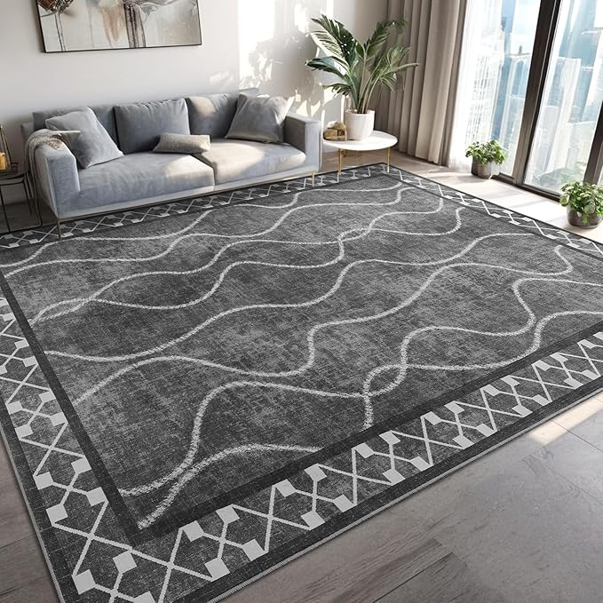 Washable Area Rugs 8x10, Non-Slip Rugs for Living Room Bedroom, Low Pile Large Soft Alfombras, Modern Bordered Home Floor Rugs for Kids Playroom Office Dining Room Farmhouse, Dark Grey