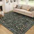 MUJOO Floral 5x7 Area Rugs,Washable Rug for Living Room Bedroom Office Dining Room,Large Throw Carpet,Boho Non Slip Indoor Floor Big Soft Botanical Vintage Ultra-Thin Black and Green