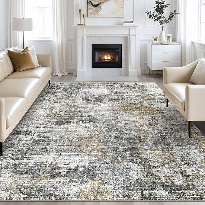 Abstract Living Room Rug 8x10 - Modern Washable Soft Thin Area Rug for Living Room Bedroom Under Dining Table - Neutral Indoor Floor Rug Carpets for Home Office Playroom Nursery - Black Gold