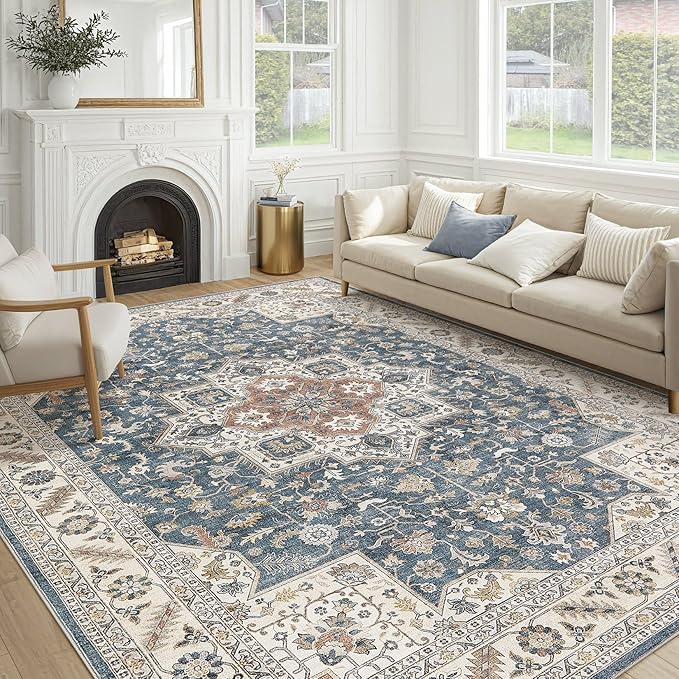 Vintage Living Room Area Rug 10x12 - Large Soft Washable Oriental Traditional Distressed Farmhouse Rugs for Bedroom - Indoor Floor Accent Carpet for Home Office House Decor - Vintage Blue