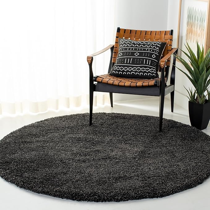 SAFAVIEH Milan Shag Collection 5'1" Round Dark Grey SG180 Solid Non-Shedding Living Room Bedroom Dining Room Entryway Plush 2-inch Thick Area Rug