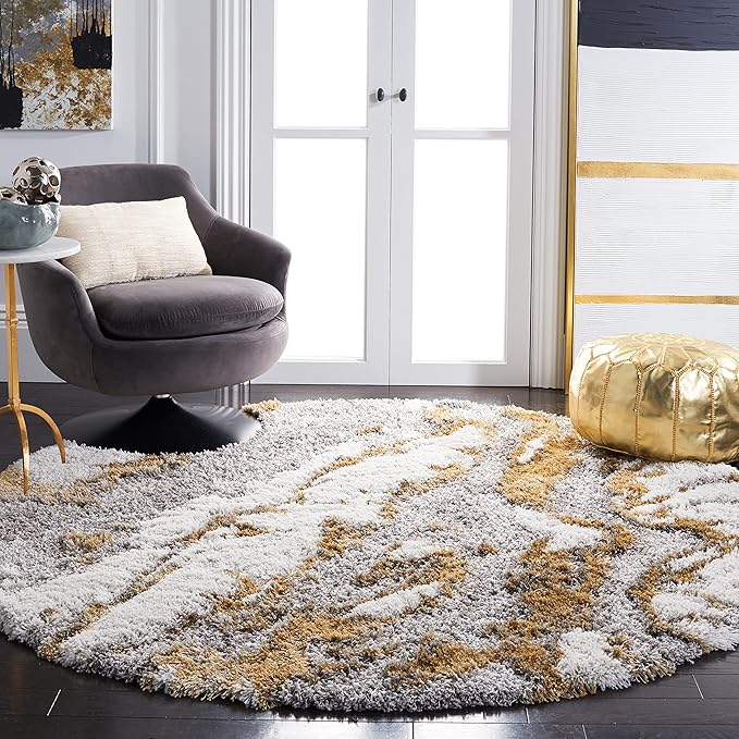 SAFAVIEH Horizon Shag Collection Area Rug - 10' Round, Grey & Gold, Modern Abstract Design, Non-Shedding & Easy Care, 2.6-inch Thick Ideal for High Traffic Areas in Living Room, Bedroom (HZN890D)