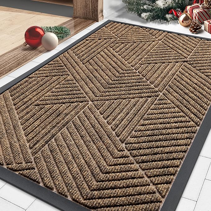 Smiry Front Door Mat Outside Entrance, Heavy Duty Sturdy Natural Rubber Doormat, Trap Dirt and Moisture, Easy Clean Low Profile Mats for Indoor Outdoor Entry, Irregular Triangle (29.5x17, Brown)