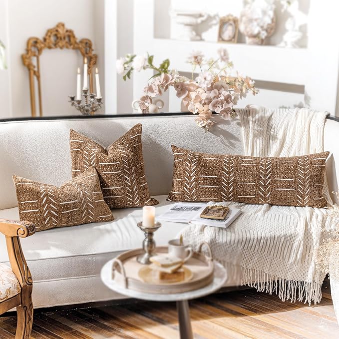 BlissBlush Fall Brown Decorative Lumbar Throw Pillow Covers 12X20, Set of 2, Boho Farmhouse Cushion Cover, Soft Accent Pillowcase for Couch Sofa Bed Living Room Home Décor