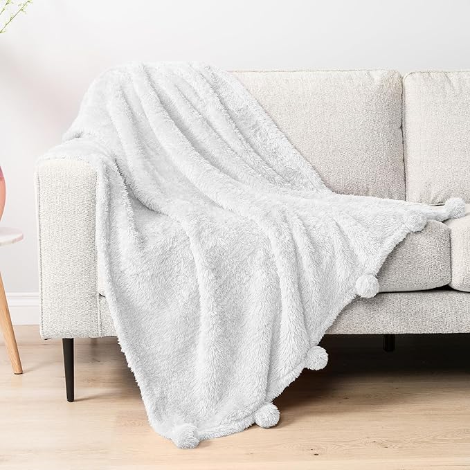 Pavilia Sherpa Throw Blanket - Warm Plush Fuzzy Pom Pom Blanket for Couch, Soft Cozy Fluffy, White, 50x60