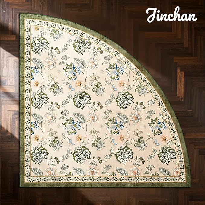 jinchan Elora Floral Corner Rug for Living Room Washable Rug Vintage Romance Christmas Design Non Slip Quarter Circle Lightweight Low-Pile Throw Carpet for Reading Playroom, 8ft Radius, Green/Beige