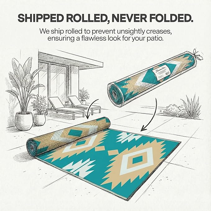 FH Home Outdoor Rug - Waterproof, Fade Resistant, Reversible - Premium Recycled Plastic - Geometric - Patio, Deck, Porch, Balcony - Bursa Kilim - Teal Crease Free - 4 x 6 ft