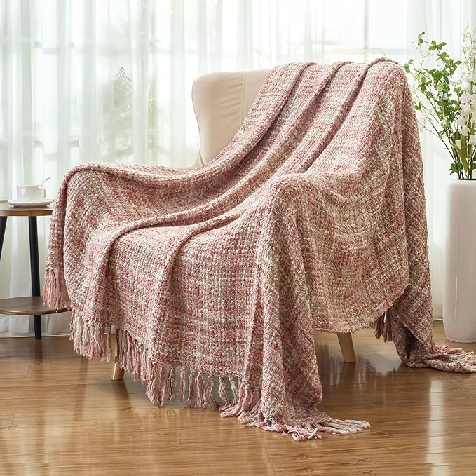 Multi-Color Light Pink Cable Knitted Throw Blanket for Couch,50"X60" Boho Style Textured Blankets for Home Decor,Super Soft Warm Cozy Chunky Knit Blanket with Decorative Tassels for Bed