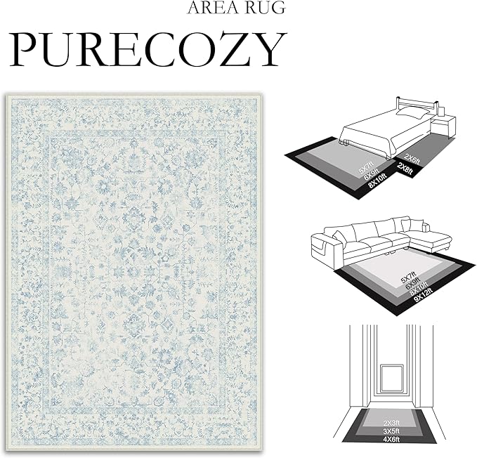 5x7 Blue Area Rug Non Slip Vintage Living Room Distressed Machine Washable Carpet Traditional Indoor Bedroom Blue Retro Floral Accent Throw Rug for Office Kitchen Dorm Dining Room